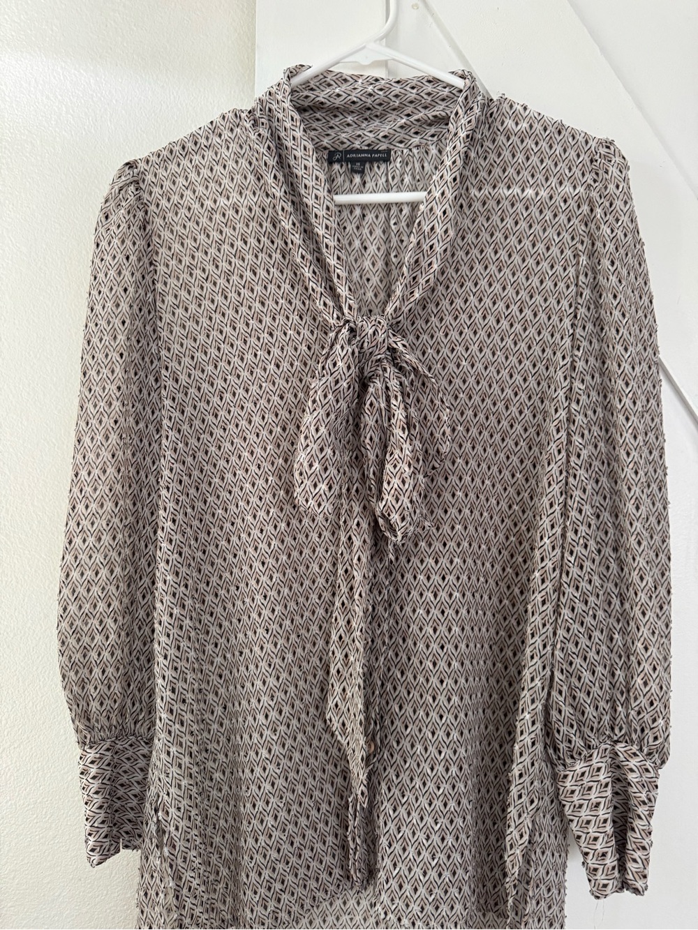 Adrianna Papell Taupe and Black Geometric Tie-Neck Blouse